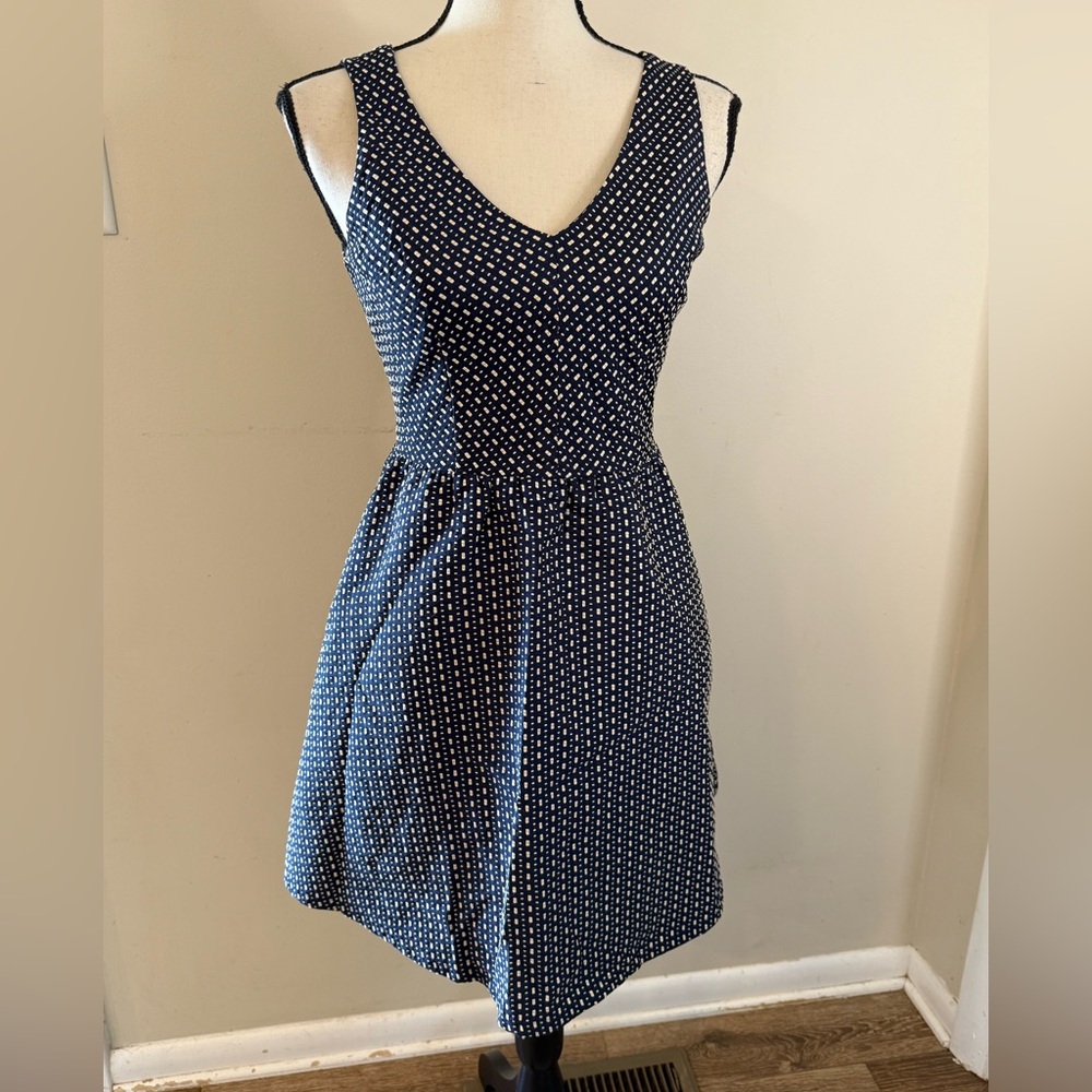 C. Luce sleeveless mini dress navy blue cream dashed stripes pleated skirt SZ SM